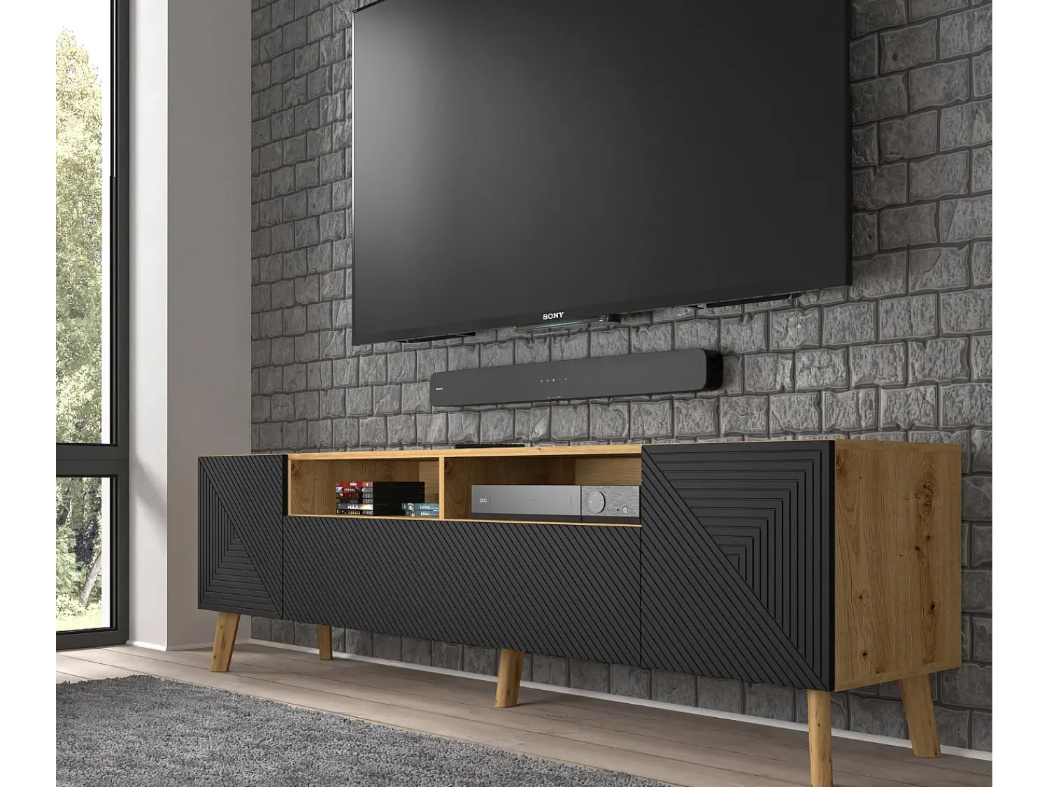 Furnlux Móvel TV 3 portas Nexa madeira e preto 195cm^ Móvel De Tv