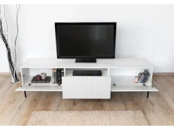 Móvel De Tv| Móvel TV 2 portas sanfonadas 1 gaveta branca com pé preto 200x45 cm Branco
