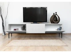 Móvel De Tv| Móvel TV 2 portas sanfonadas 1 gaveta branca com pé preto 200x45 cm Branco