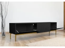 Móvel De Tv* Móvel TV 2 portas sanfonadas 1 gaveta preta com pé metálico dourado 200x45 cm Preto