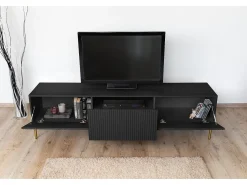 Móvel De Tv* Móvel TV 2 portas sanfonadas 1 gaveta preta com pé metálico dourado 200x45 cm Preto