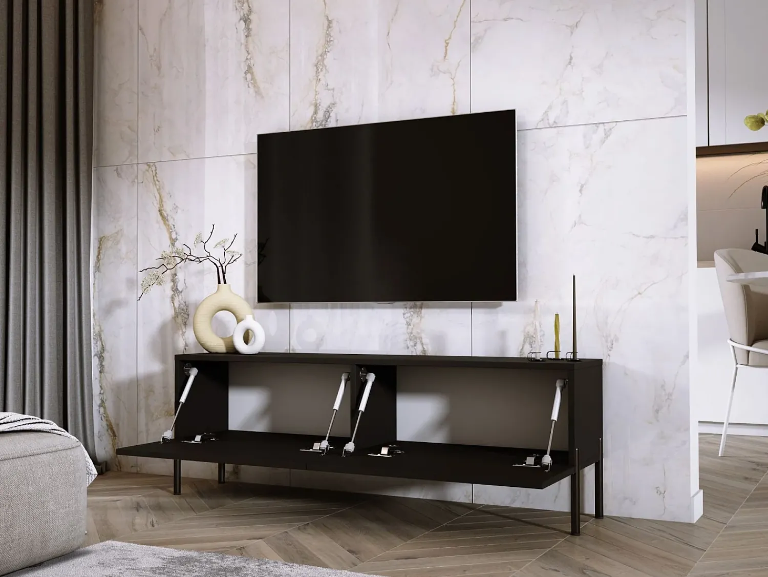 Móvel De Tv| Móvel TV : Fosco / Brilhante, patas pretas, 140 x 52 x 32 cm Preto
