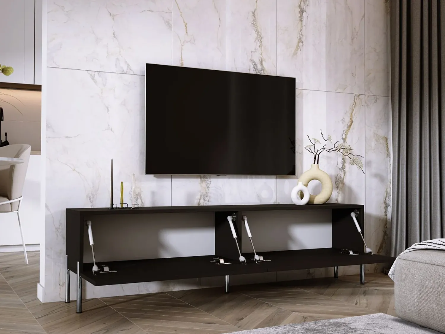 Móvel De Tv| Móvel TV : Fosco / Brilhante, patas cromadas, 170 x 52 x 32 cm Preto
