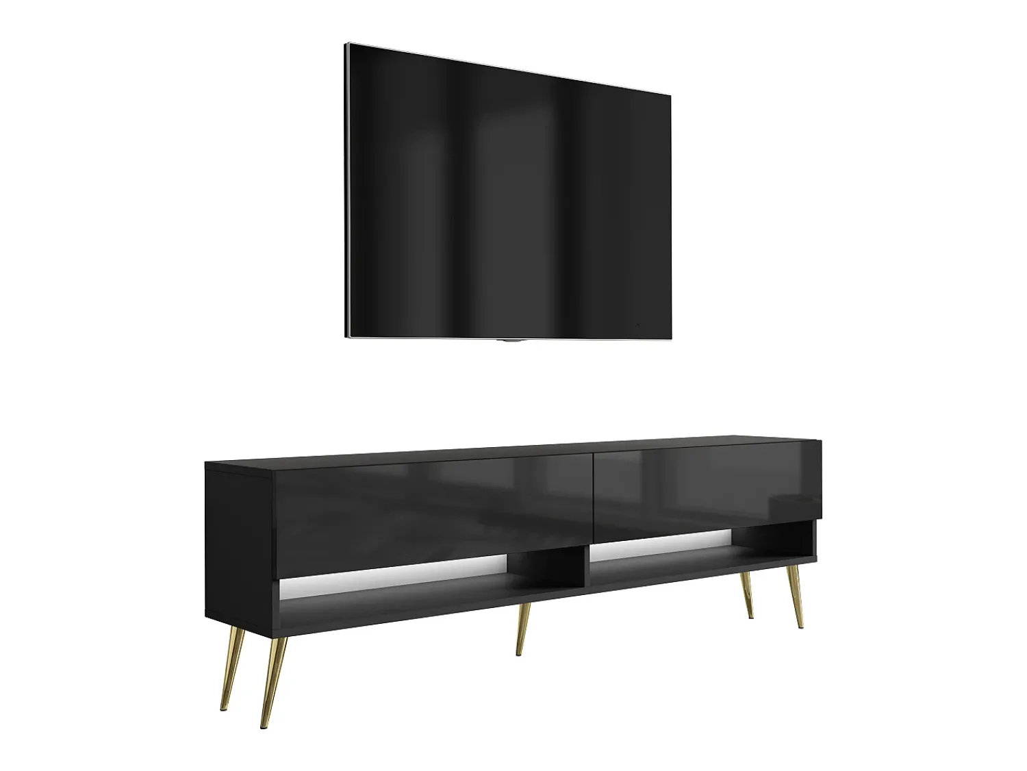 Móvel De Tv* Móvel TV : Fosco / Brilhante, pernas douradas, LED branco, 170 × 32 × 52 cm Preto