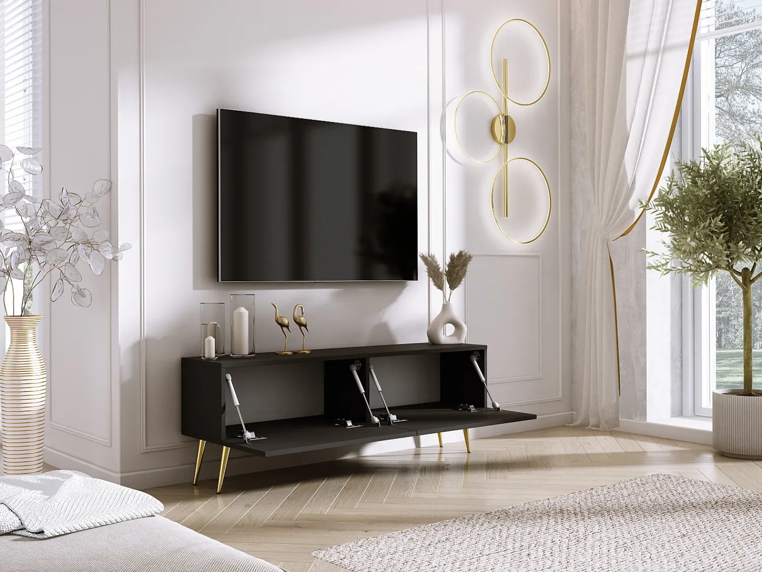 Clearance Móvel TV : Fosco / Brilhante, patas douradas, 140 x 52 x 32 cm Preto