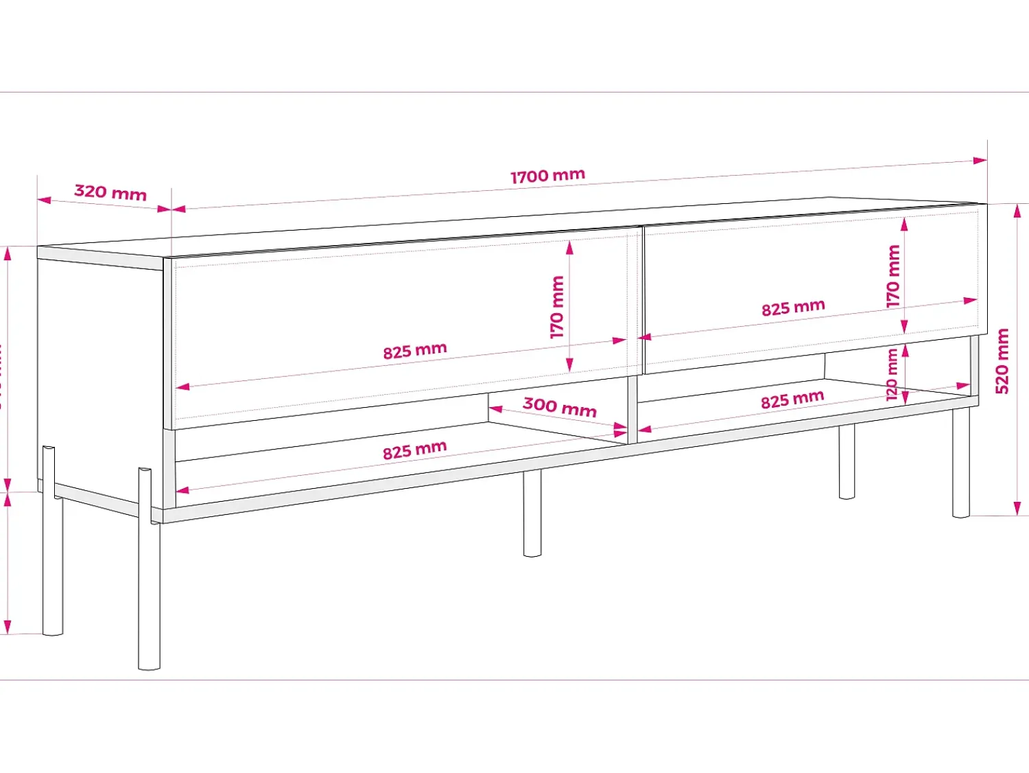 New Móvel TV : Fosco, pernas pretas retas, 170 × 32 × 52 cm Preto