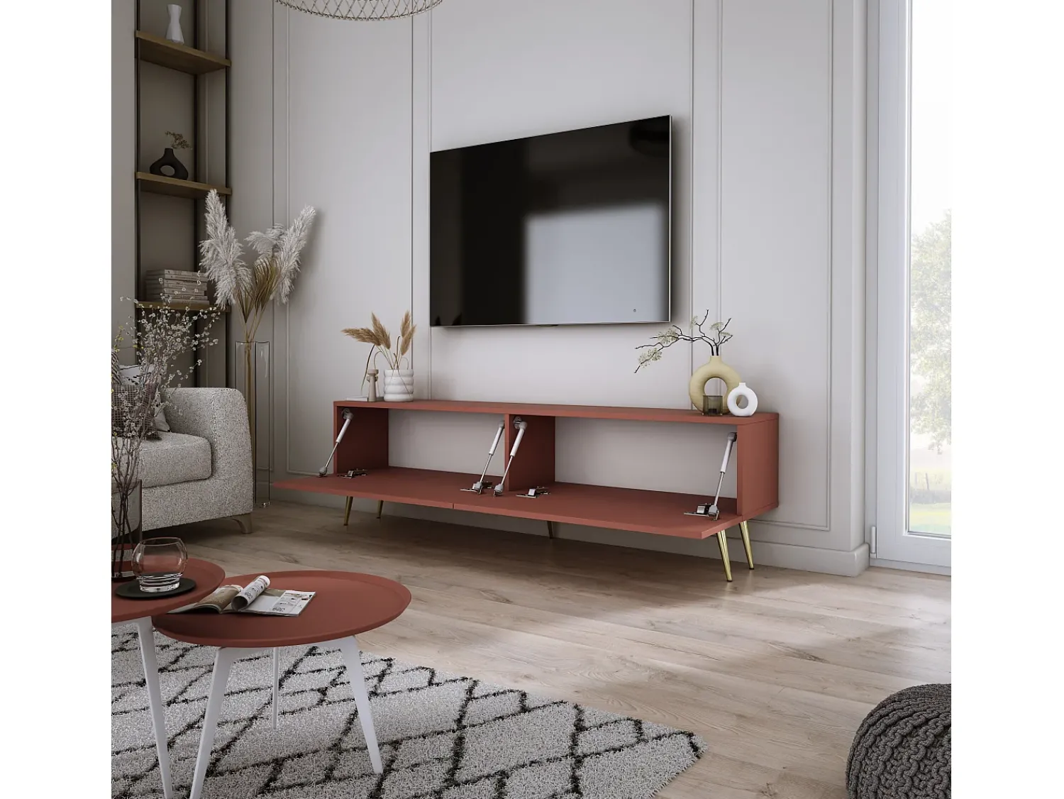 Móvel De Tv* Móvel TV : Tijolo, 140 x 52 x 32 cm, patas douradas Vermelho