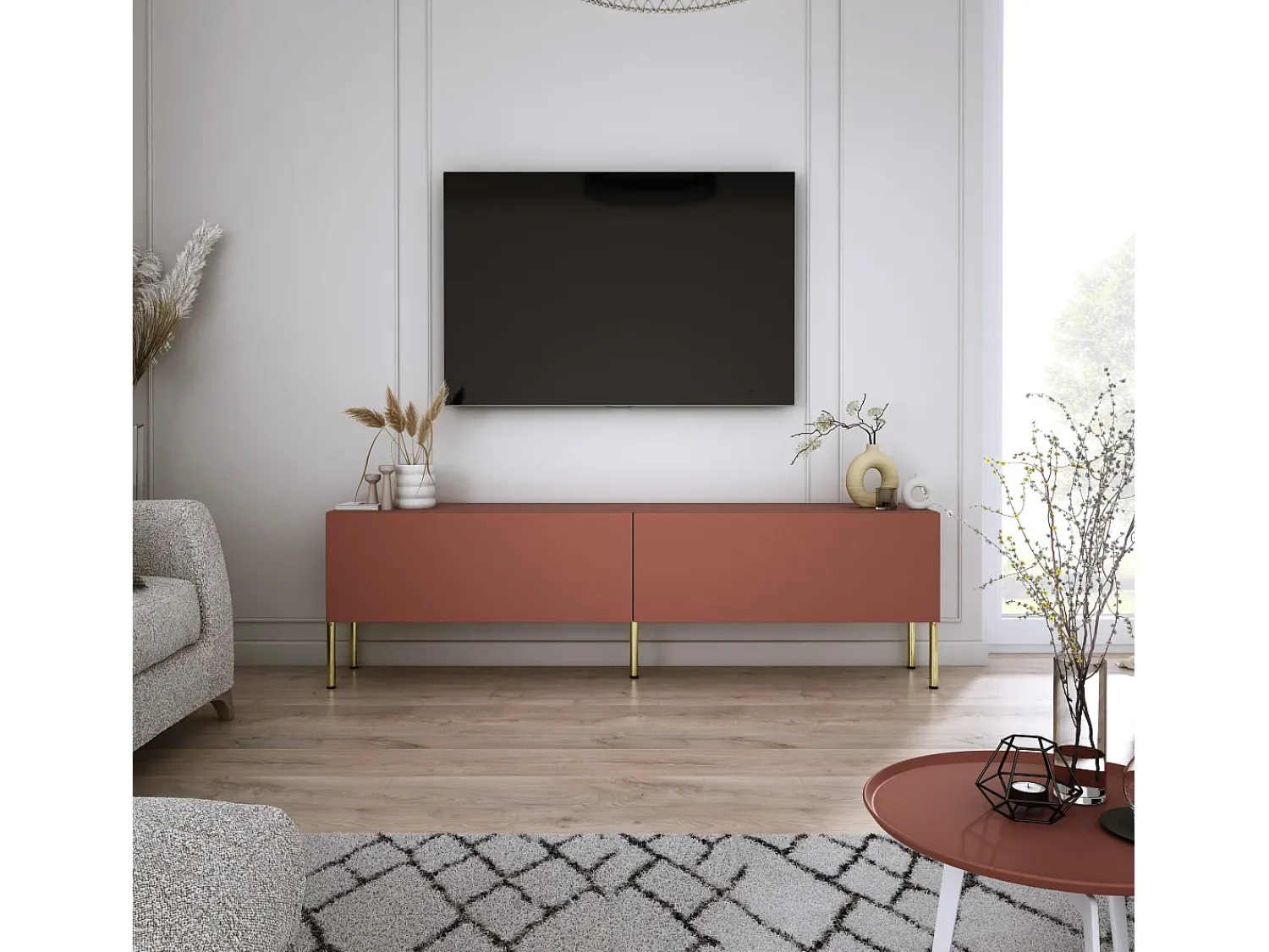 New Móvel TV : Tijolo, 140 x 52 x 32 cm, patas douradas Vermelho
