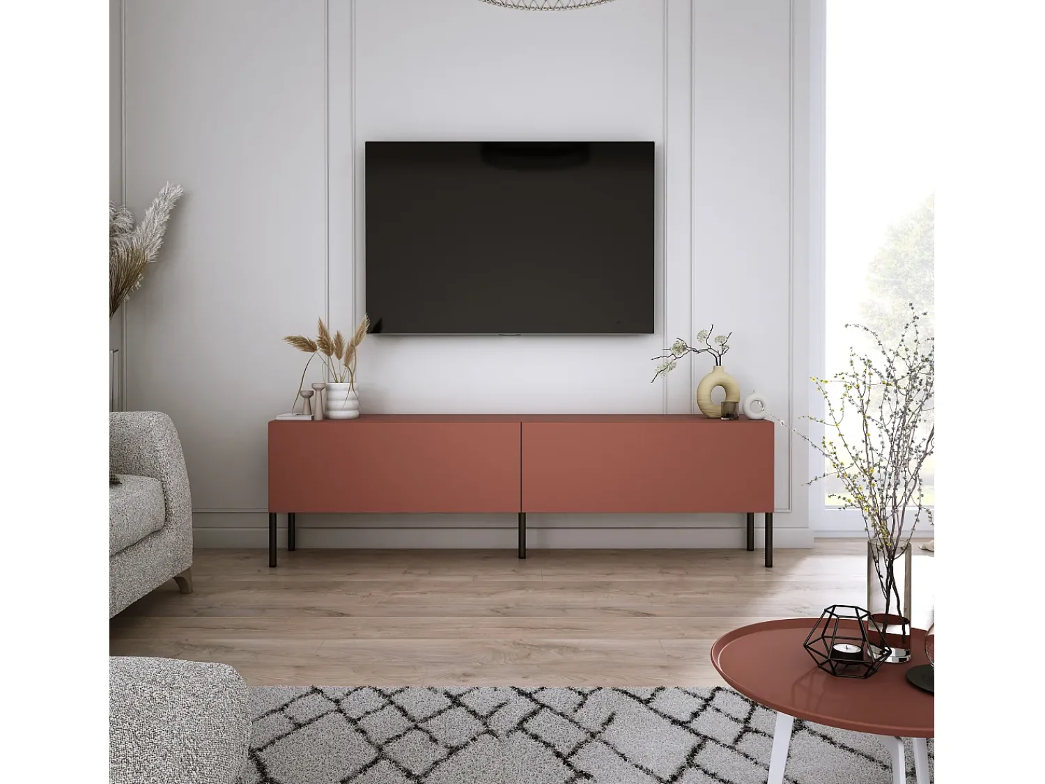 Móvel De Tv| Móvel TV : Tijolo, 140 x 52 x 32 cm, patas pretas Vermelho