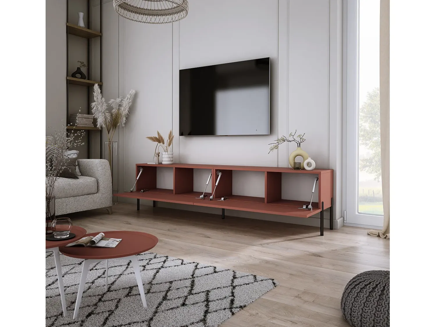 Móvel De Tv* Móvel TV : Tijolo, 170 x 52 x 32 cm, patas pretas Vermelho