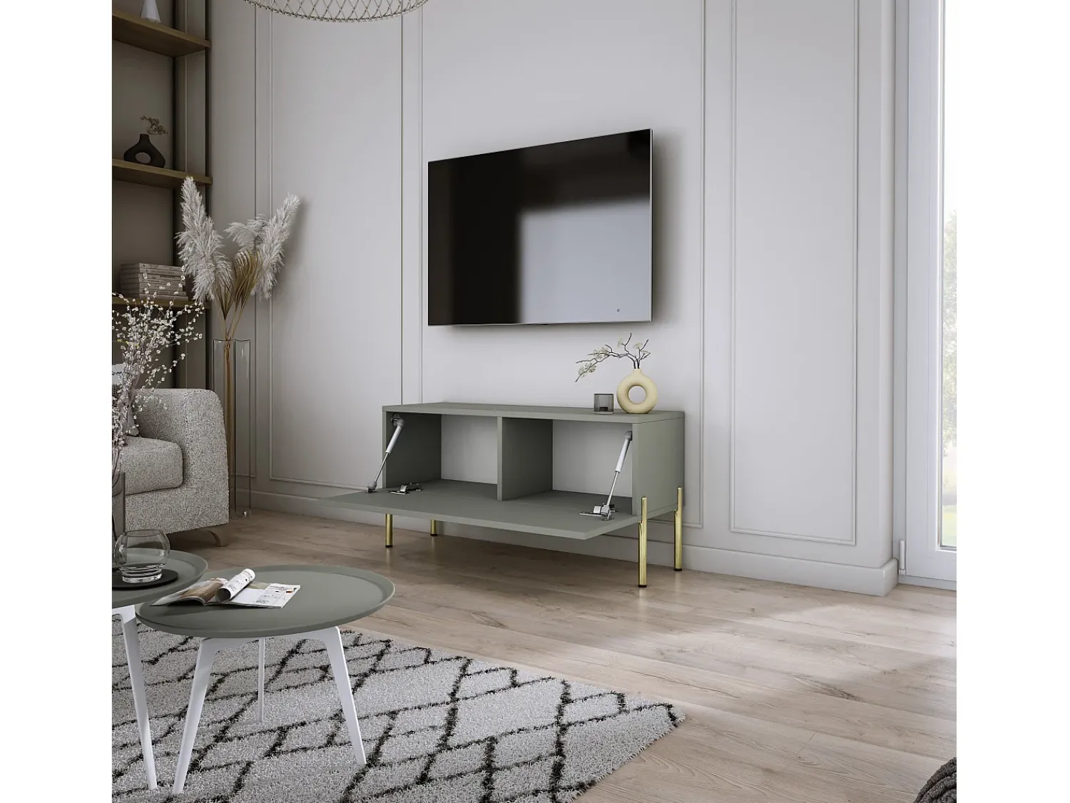New Móvel TV: Aloe, 100 x 52 x 32 cm, pés dourados Verde
