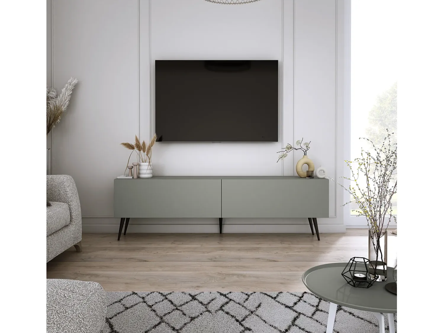 Móvel De Tv| Móvel TV: Aloe, 140 x 52 x 32 cm, pés pretos Verde