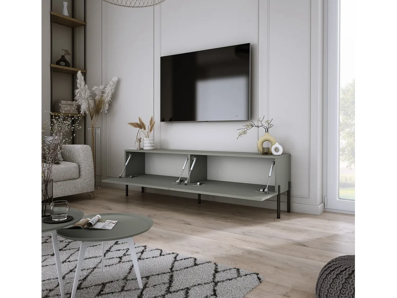 Online Móvel TV: Aloe, 140 x 52 x 32 cm, pés pretos Verde