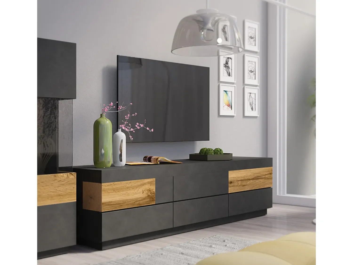 Petits-Meubles Móvel TV Andrea antracite e madeira 206cm Cinzento