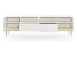 Móvel De Tv| Móvel TV com 2 portas e 2 gavetas com pé em metal dourado 200x45 cm Branco