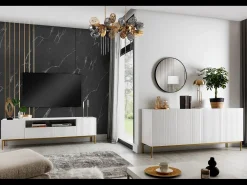 Móvel De Tv| Móvel TV com 2 portas e 2 gavetas com pé em metal dourado 200x45 cm Branco