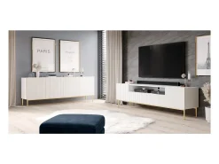 Móvel De Tv| Móvel TV com 2 portas e 2 gavetas com pé em metal dourado 200x45 cm Branco