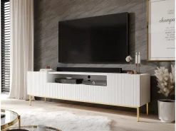Móvel De Tv| Móvel TV com 2 portas e 2 gavetas com pé em metal dourado 200x45 cm Branco