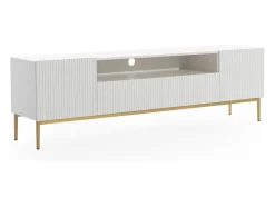 Móvel De Tv| Móvel TV com 2 portas e 2 gavetas com pé em metal dourado 200x45 cm Branco