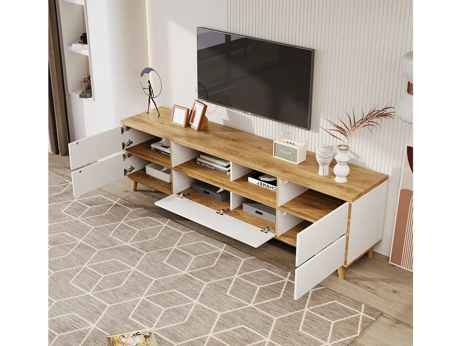 Móvel De Tv*Hauss Spole Móvel TV e madeira com 5 portas, 175x37x51 cm, MDF Branco