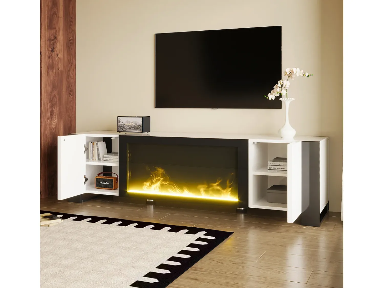 Móvel De Tv|Hauss Spole Móvel TV branco e com 2 portas, efeito chama, 165x55x32 cm Preto