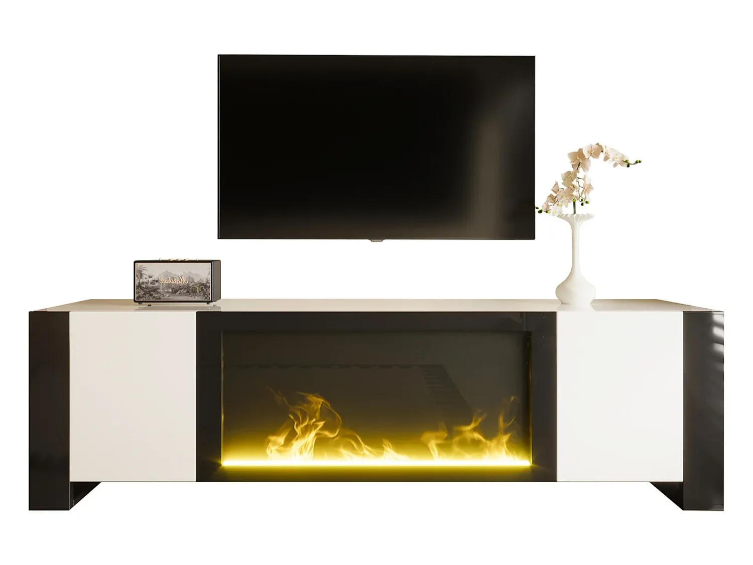 Móvel De Tv|Hauss Spole Móvel TV branco e com 2 portas, efeito chama, 165x55x32 cm Preto