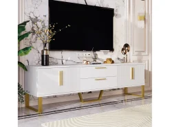 Móvel De Tv|Merax Móvel TV brilhante com 4 portas e 2 gavetas, madeira MDF, puxadores e pés dourados, estilo moderno, Branco