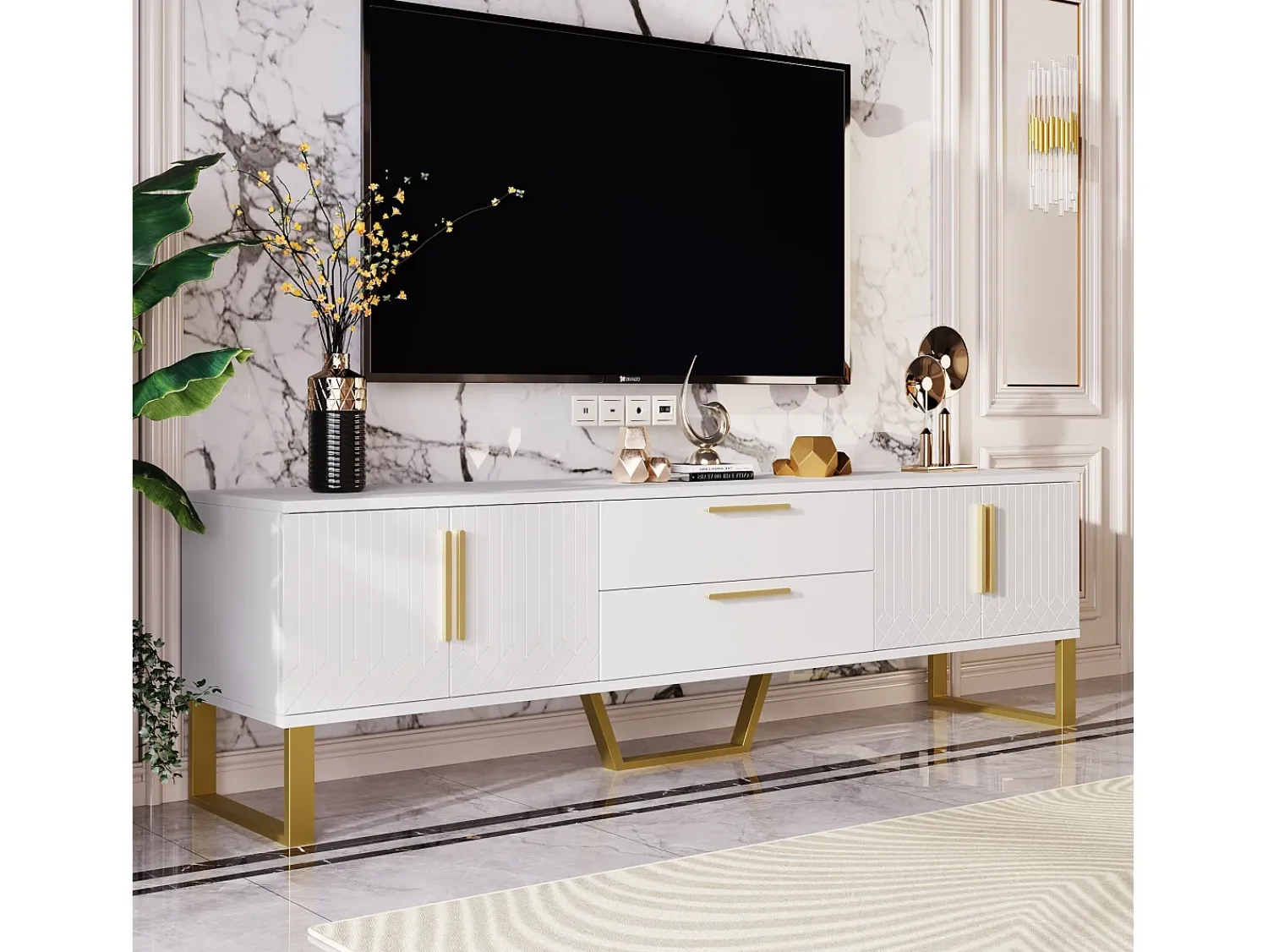 Móvel De Tv|Merax Móvel TV brilhante com 4 portas e 2 gavetas, madeira MDF, puxadores e pés dourados, estilo moderno, Branco