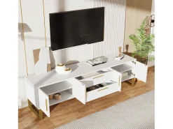 Móvel De Tv|Merax Móvel TV brilhante com 4 portas e 2 gavetas, madeira MDF, puxadores e pés dourados, estilo moderno, Branco