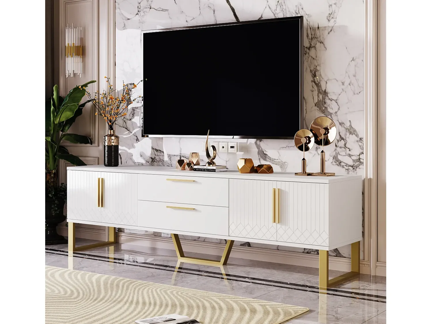 Móvel De Tv|Merax Móvel TV brilhante com 4 portas e 2 gavetas, madeira MDF, puxadores e pés dourados, estilo moderno, Branco