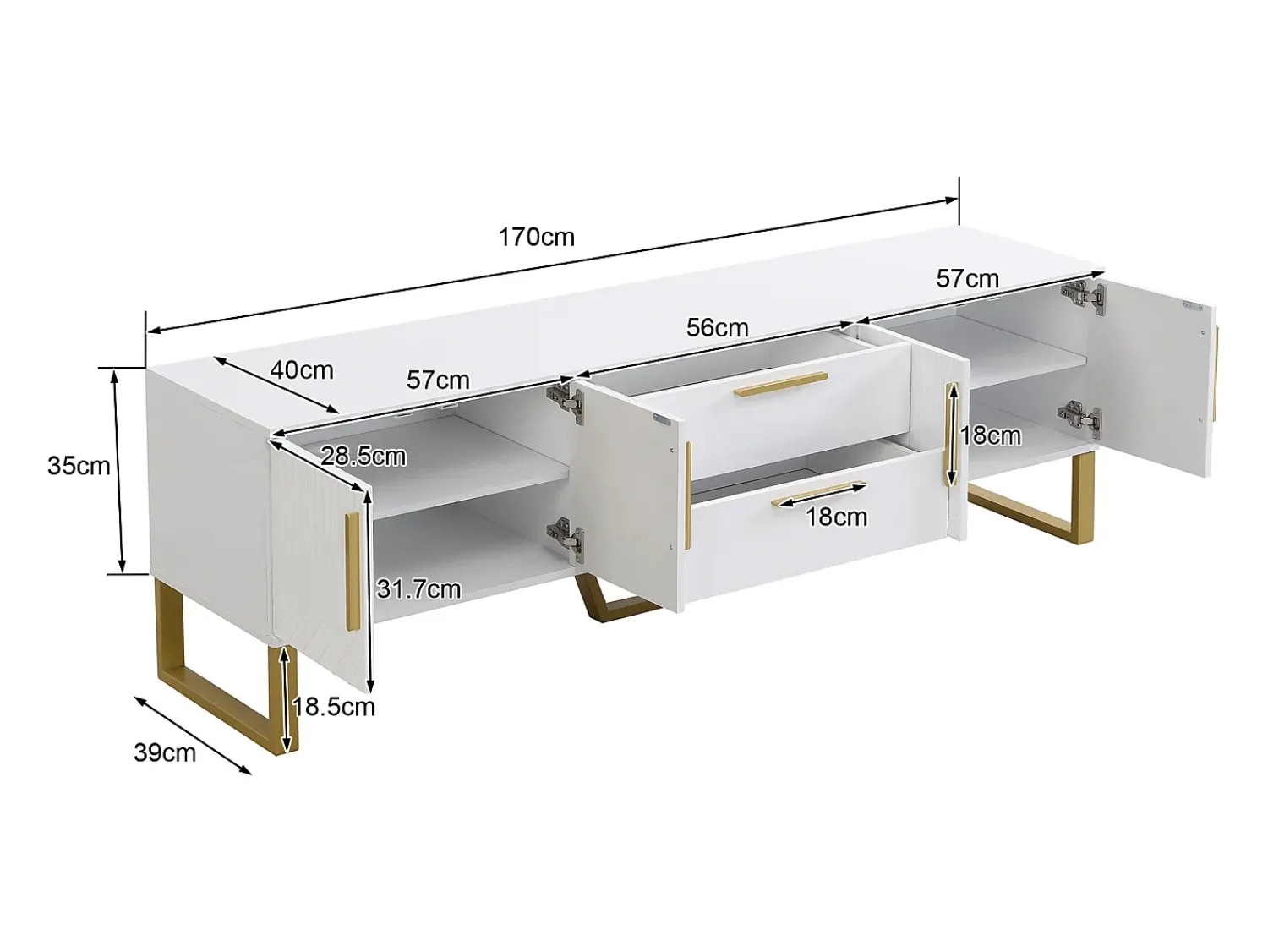 Móvel De Tv|Merax Móvel TV brilhante com 4 portas e 2 gavetas, madeira MDF, puxadores e pés dourados, estilo moderno, Branco