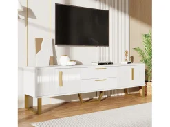 Móvel De Tv|Merax Móvel TV brilhante com 4 portas e 2 gavetas, madeira MDF, puxadores e pés dourados, estilo moderno, Branco