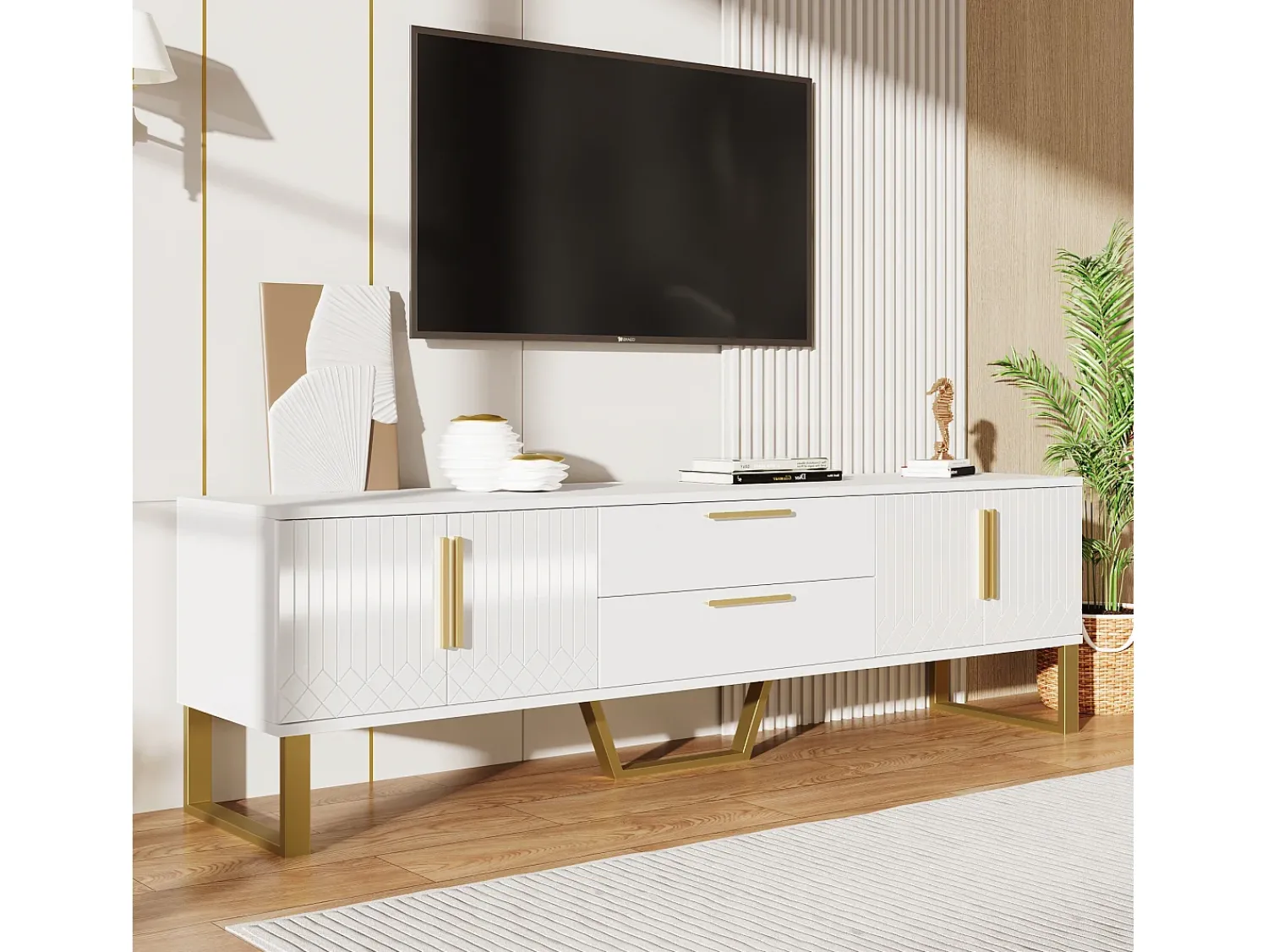 Móvel De Tv|Merax Móvel TV brilhante com 4 portas e 2 gavetas, madeira MDF, puxadores e pés dourados, estilo moderno, Branco