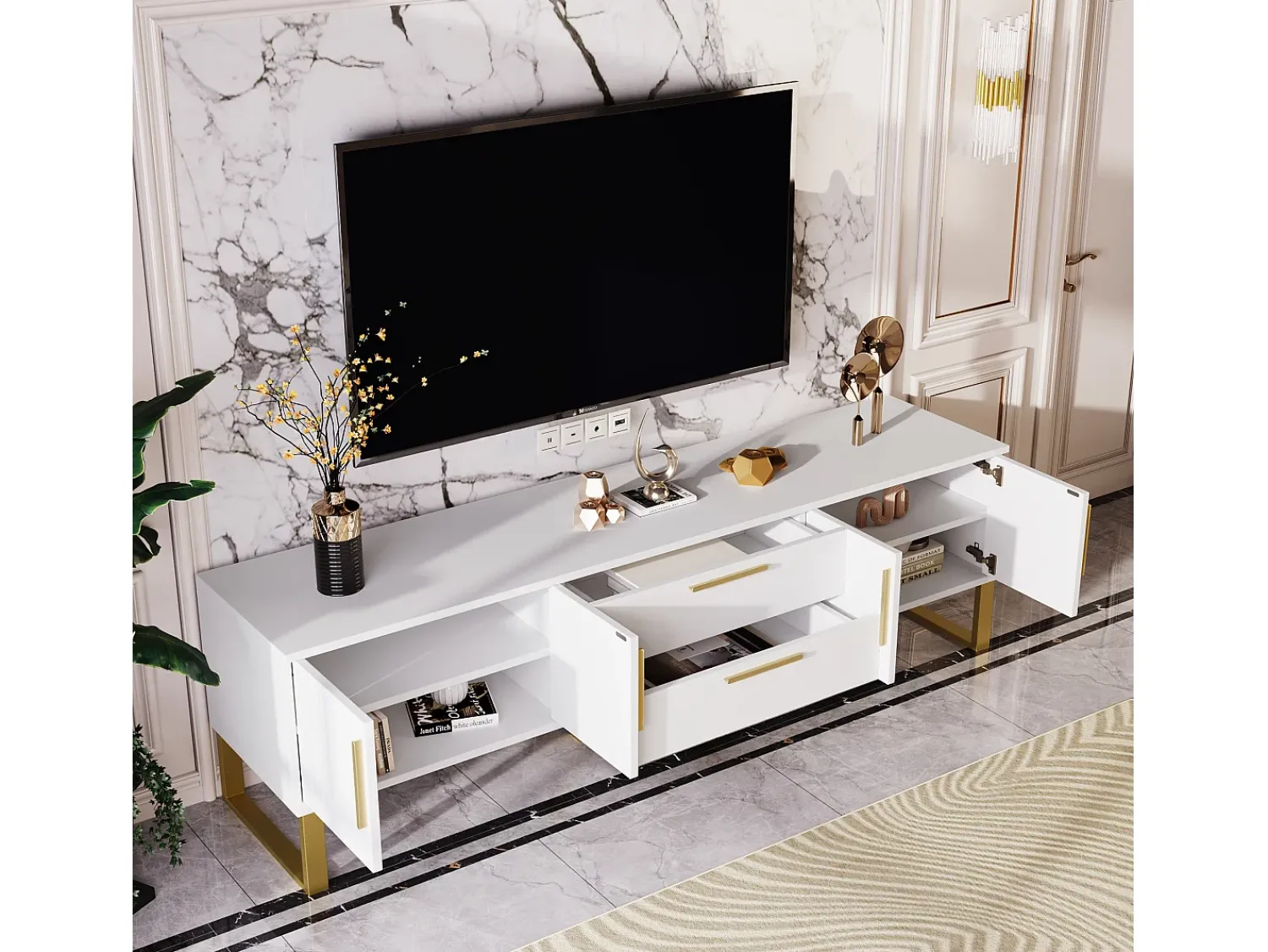 Móvel De Tv|Merax Móvel TV brilhante com 4 portas e 2 gavetas, madeira MDF, puxadores e pés dourados, estilo moderno, Branco
