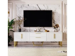 Móvel De Tv|Merax Móvel TV brilhante com 4 portas e 2 gavetas, madeira MDF, puxadores e pés dourados, estilo moderno, Branco
