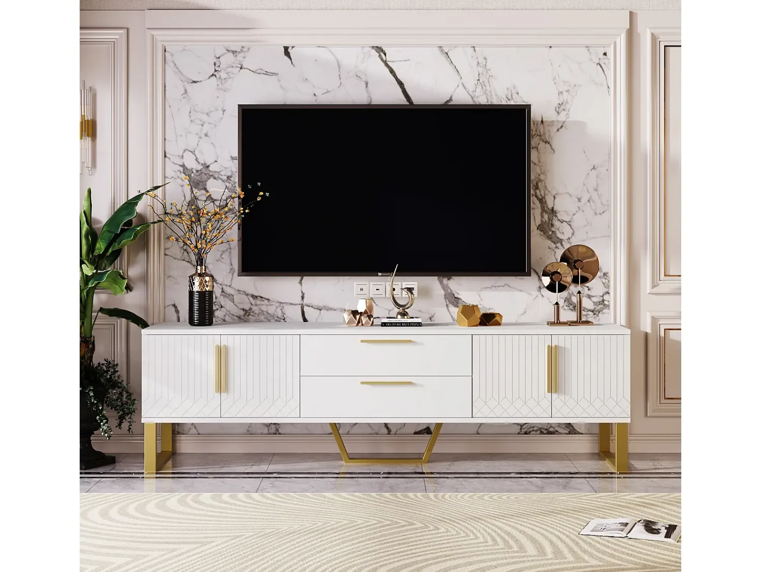 Móvel De Tv|Merax Móvel TV brilhante com 4 portas e 2 gavetas, madeira MDF, puxadores e pés dourados, estilo moderno, Branco
