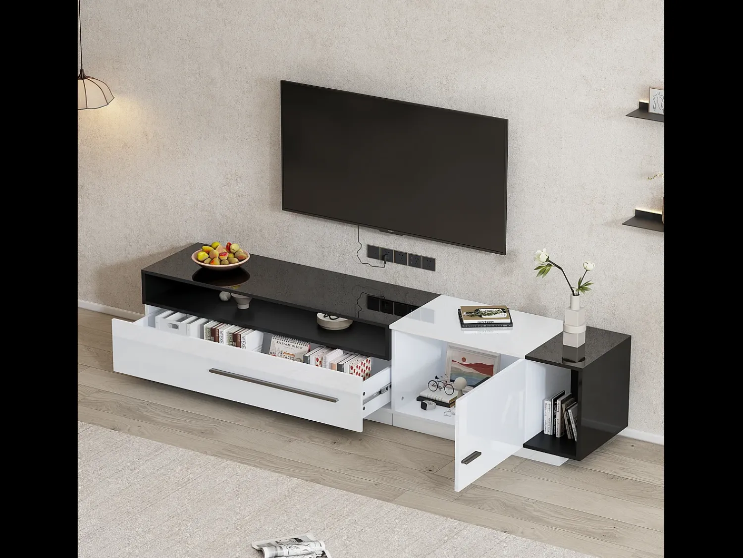 Hot Merax Móvel TV brilhante com 1 porta e 1 gaveta - 170 x 38 x 42 cm - Aglomerado - e preto Branco