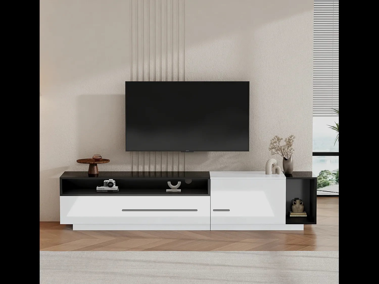Hot Merax Móvel TV brilhante com 1 porta e 1 gaveta - 170 x 38 x 42 cm - Aglomerado - e preto Branco