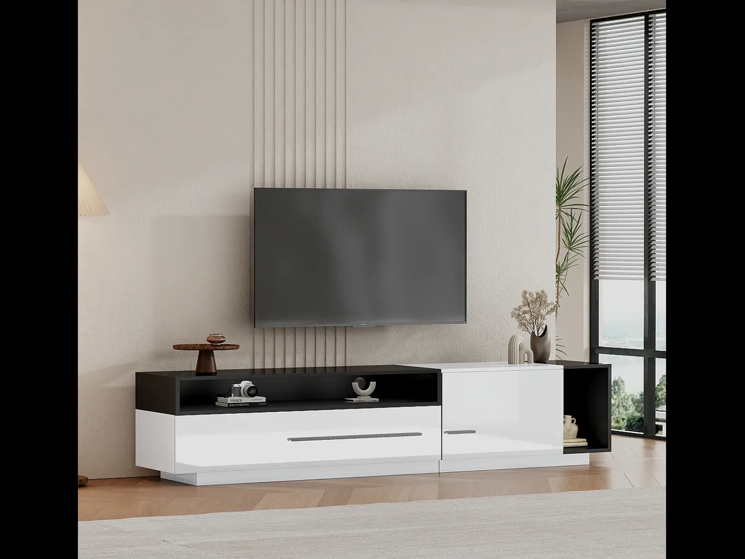 Hot Merax Móvel TV brilhante com 1 porta e 1 gaveta - 170 x 38 x 42 cm - Aglomerado - e preto Branco