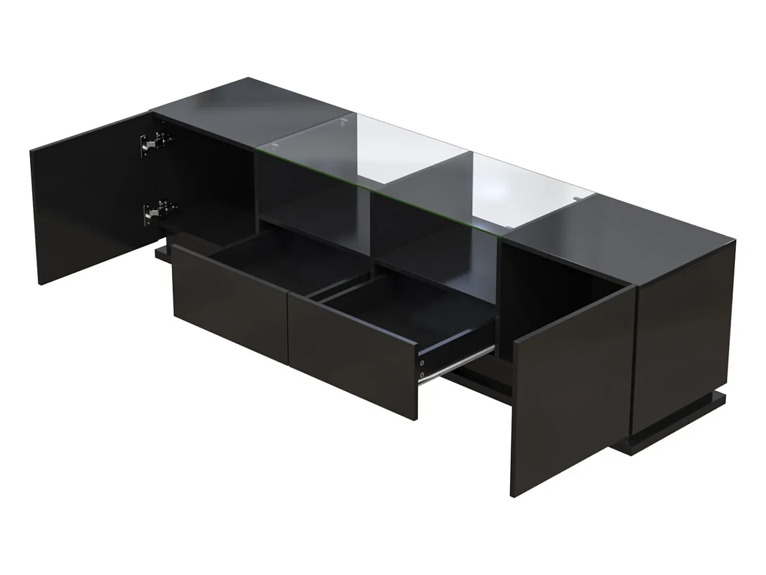 Móvel De Tv| Móvel TV brilhante 165x38x43cm, com prateleiras de vidro, 2 gavetas e duas portas, LED, Preto