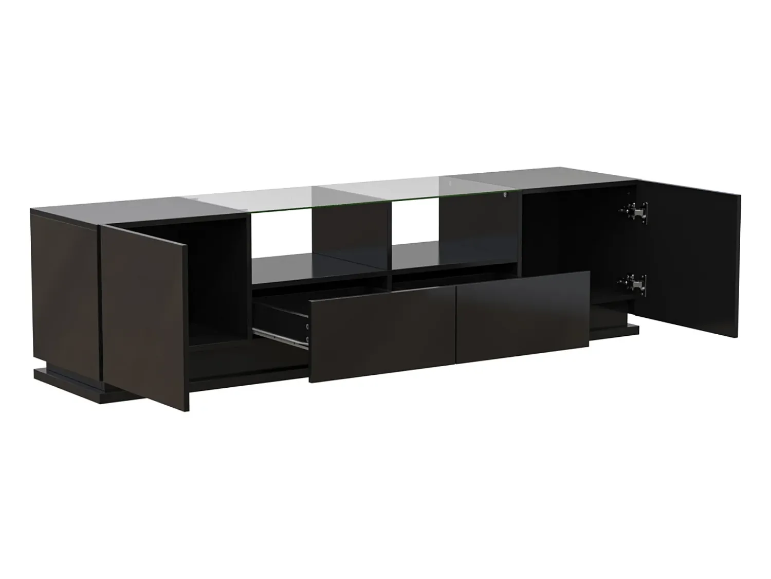 Móvel De Tv| Móvel TV brilhante 165x38x43cm, com prateleiras de vidro, 2 gavetas e duas portas, LED, Preto