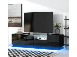 Móvel De Tv| Móvel TV brilhante 165x38x43cm, com prateleiras de vidro, 2 gavetas e duas portas, LED, Preto