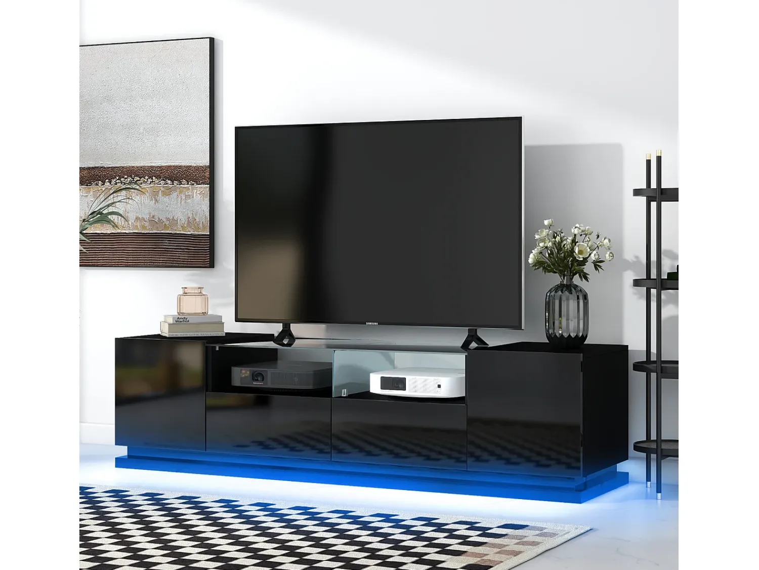 Móvel De Tv| Móvel TV brilhante 165x38x43cm, com prateleiras de vidro, 2 gavetas e duas portas, LED, Preto
