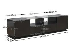 Móvel De Tv| Móvel TV brilhante 165x38x43cm, com prateleiras de vidro, 2 gavetas e duas portas, LED, Preto
