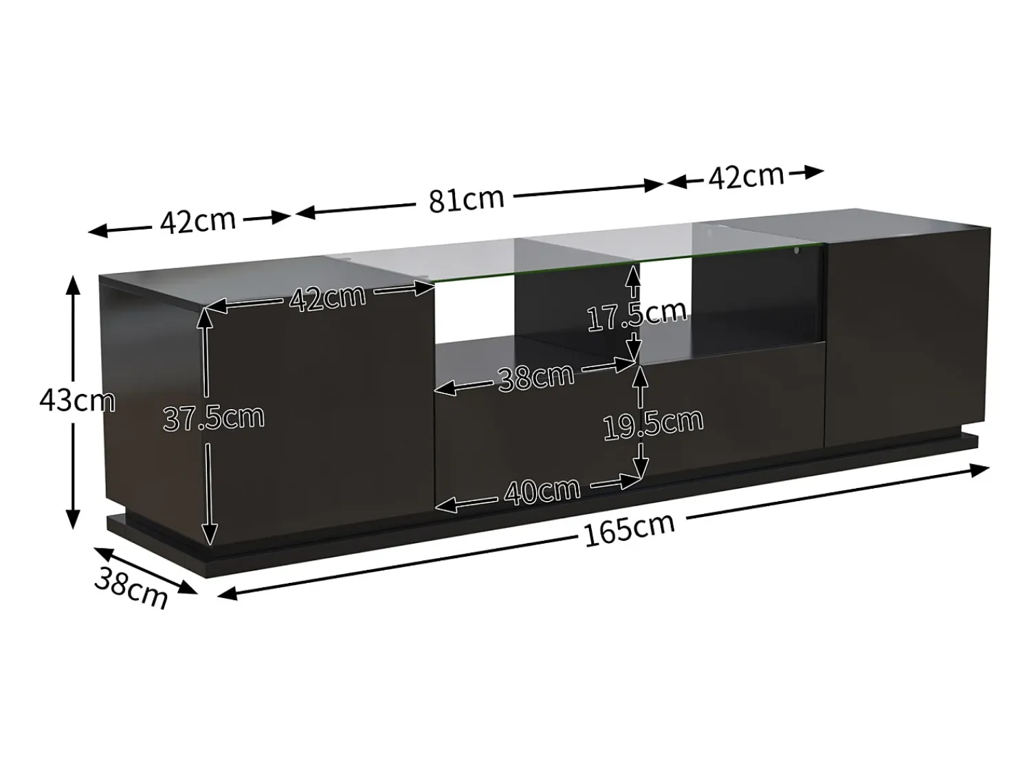 Móvel De Tv| Móvel TV brilhante 165x38x43cm, com prateleiras de vidro, 2 gavetas e duas portas, LED, Preto
