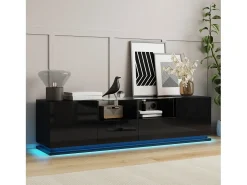 Móvel De Tv| Móvel TV brilhante 165x38x43cm, com prateleiras de vidro, 2 gavetas e duas portas, LED, Preto