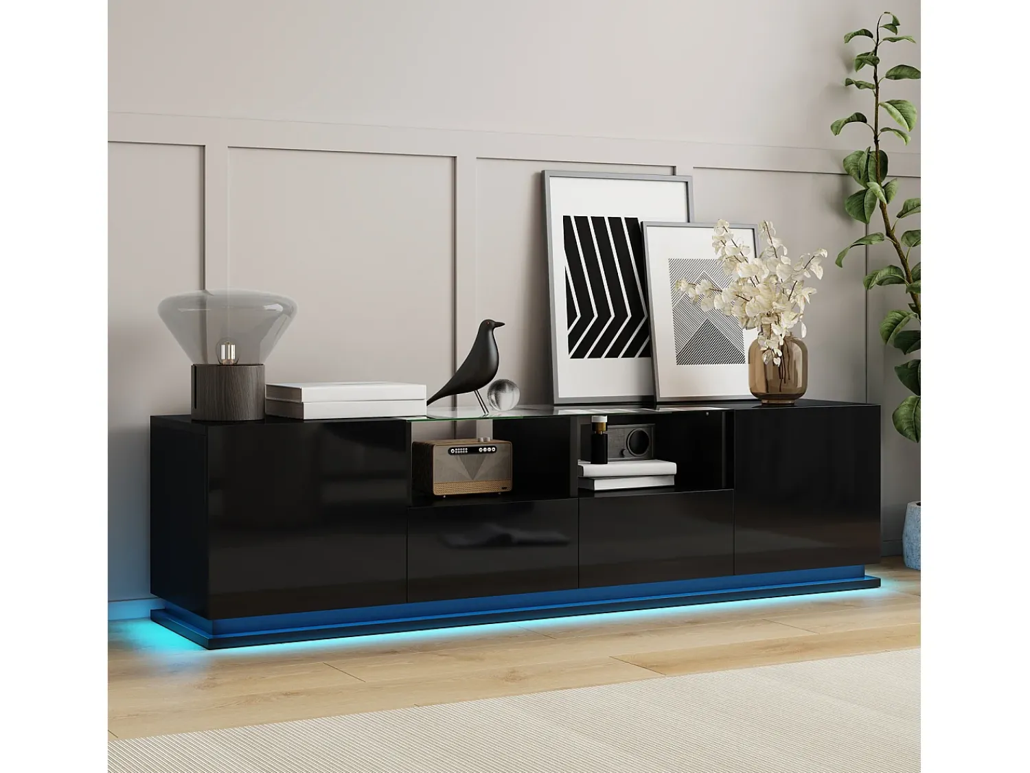 Móvel De Tv| Móvel TV brilhante 165x38x43cm, com prateleiras de vidro, 2 gavetas e duas portas, LED, Preto