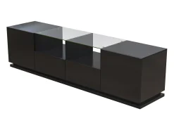 Móvel De Tv| Móvel TV brilhante 165x38x43cm, com prateleiras de vidro, 2 gavetas e duas portas, LED, Preto