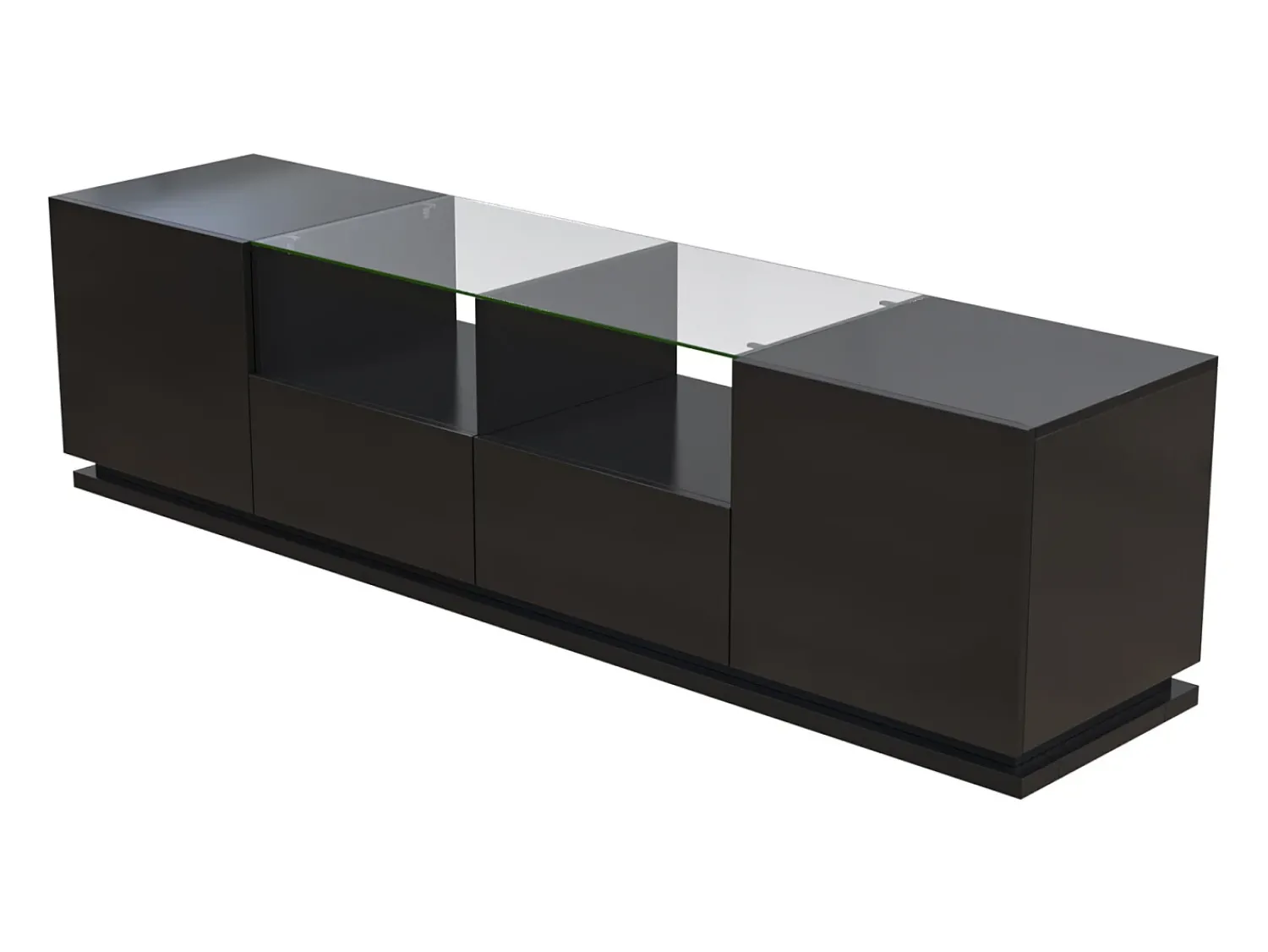 Móvel De Tv| Móvel TV brilhante 165x38x43cm, com prateleiras de vidro, 2 gavetas e duas portas, LED, Preto