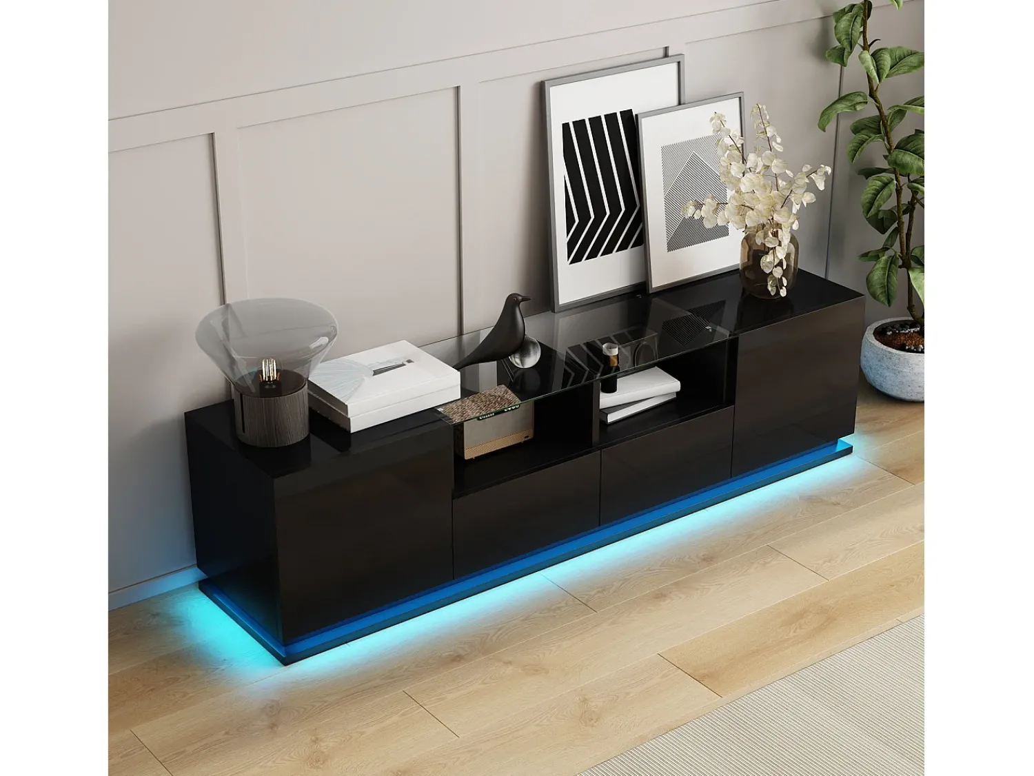 Móvel De Tv| Móvel TV brilhante 165x38x43cm, com prateleiras de vidro, 2 gavetas e duas portas, LED, Preto